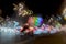 Very blurred background with lights of cars at dusk on the road of city. Transportation concept. Abstract blur bokeh