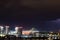 Very cloudy sky, lightning and thunder above the Belgrade sky, panoramic view of the city and the river with bridges. Belgrade is