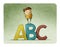 Very colorful illustration of a boy climbed on top of some big letters A B C