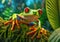 The very curious red-eyed tree frog is sitting on the green leaf and basking in the sunlight.