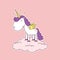 Very cute cartoon unicorn with wings standing on a cloud