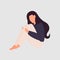 A very cute sad woman is sitting with her arms clasped. Flat cartoon style