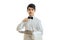 Very cute waiter holding a blank tray