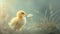 a very cute yellow chick standing against a captivating light monochromatic background, with a delicate flower nearby