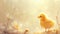 a very cute yellow chick standing against a captivating light monochromatic background, with a delicate flower nearby