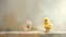 a very cute yellow chick standing against a captivating light monochromatic background, with a delicate flower nearby