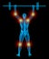 Very detailed and medically accurate 3D Illustration of a translucent man lifting weights while having pain in his joints