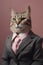 a very elegant anthropomorphic businessman cat with a very realistic gray suit and pink tie, on a pink background, businessmman