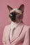 a very elegant anthropomorphic siamese cat with a very realistic pink suit and tie, on a pink background, businesswoman and