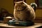 Very fat cat is weighed on the scales. Concept of overeating, obesity and diet. Funny pet. Created with Generative AI