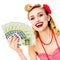 Very happy, excited pinup beautiful woman holding money banknotes, pin up, Isolated