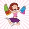 Very happy girl with paper bags after shopping jumping and having fun, beautiful girl poster, fashion and style banner, pretty wom