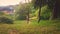 Very happy girl runs to camera in colorful lawn or garden