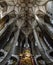 Very high medieval church with majestic ceiling. Interior.