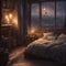 very highly detailed cozy rustic bedroom with a night view of paris in heavy mist - 1