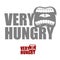 Very hungry. Open mouth with his lips. Logo for empty. Man chewing food