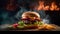 very juicy appetizing hamburger made on fire