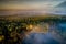 Very nice aerial landscape of lake and mist during sunrise