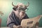 a very old bull wearing glasses reading newspaper, created with Generative AI technology