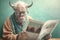 a very old bull wearing glasses reading newspaper, created with Generative AI technology