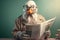 a very old duck wearing glasses and reading newspaper, created with Generative AI technology