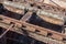 Very old elevated train tracks, rust and crumbling concrete, iron pellets