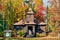 Very old log church at autumn