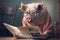 a very old pig wearing glasses and reading newspaper, created with Generative AI technology