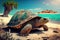 very old turtle basking in the sun, with view of beautiful beach