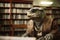A very old turtle wearing glasses in a library created with generative AI technology