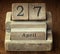 Very old wooden vintage calendar showing the date 27th April o