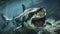 A very scary white shark with an open mouth in the ocean. A cinematic attack