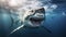 A very scary white shark with an open mouth in the ocean. A cinematic attack