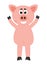 A very smiling pink pig with his arms raised and happy to have grown up on a farm