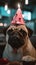 Very special birthday for pug dog wearing cone shaped pink party hat - generative ai