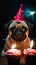 Very special birthday for pug dog wearing cone shaped pink party hat - generative ai