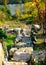 Very steep vineyard staircase made of natural stones with a river in the background