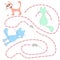 Very tasty sausages: colored cats and mice compete for sausages. Childrens illustration on a white square background