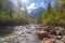 Verzasca river with clear water, blue sky and mountains in switzerland