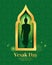 Vesak day banner with Buddha Sign Stand Up in gold window art frame on green lotus texture background vector design