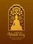 Vesak day banner card with Gold Buddha and Bodhi Tree and Lotus sign in window frame vector design