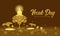 Vesak day banner - gold The Lord Buddha meditated with radiance on Big lotus in river and brown light background vector design