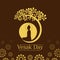 Vesak day banner with Yellow The lord buddha Meditate under bodhi tree and circle full moon sign on brown background vector design