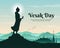 Vesak day with Buddha statue stood and raised his hand Sign and temple on mountain background vector design