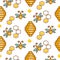 Vespiary and bees seamless vector outline pattern.