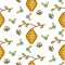 Vespiary, flowers and bees seamless vector pattern.