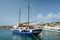 Vessel schooner moored in port harbor of Mykonos island, Greece