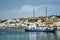 Vessel schooner moored in port harbor of Mykonos island, Greece