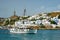 Vessel schooner moored in port harbor of Mykonos island, Greece