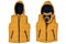 Vest isolated. Collage of a stylish cozy warm yellow down vest with hood isolated on a white background. Childrens autum and